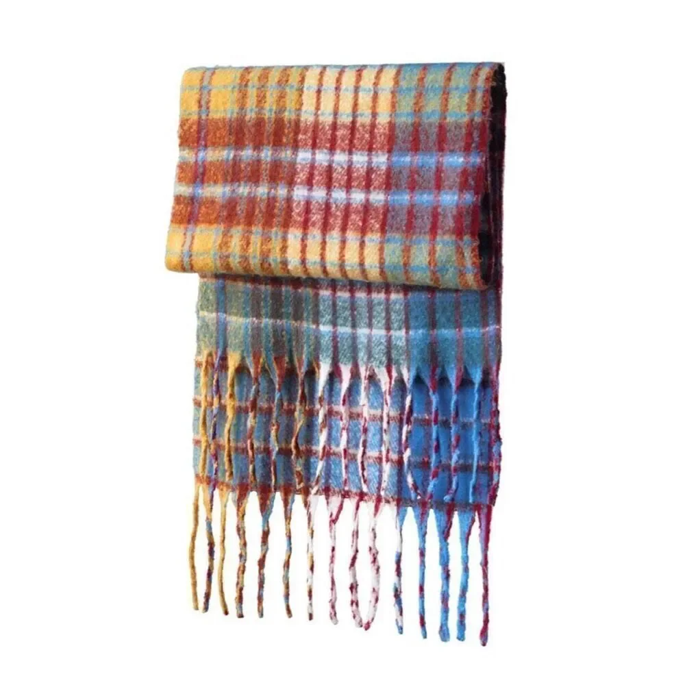 Rainbow plaid fringe oversize scarf